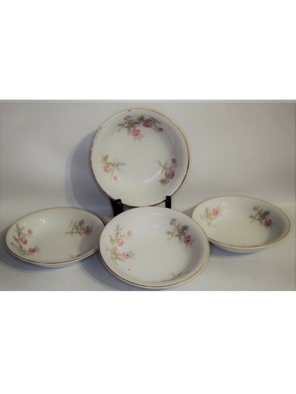 NATIONAL China 4 Dessert Bowls*Pink/White Roses Floral w/Gold*Salineville OH*VTG
